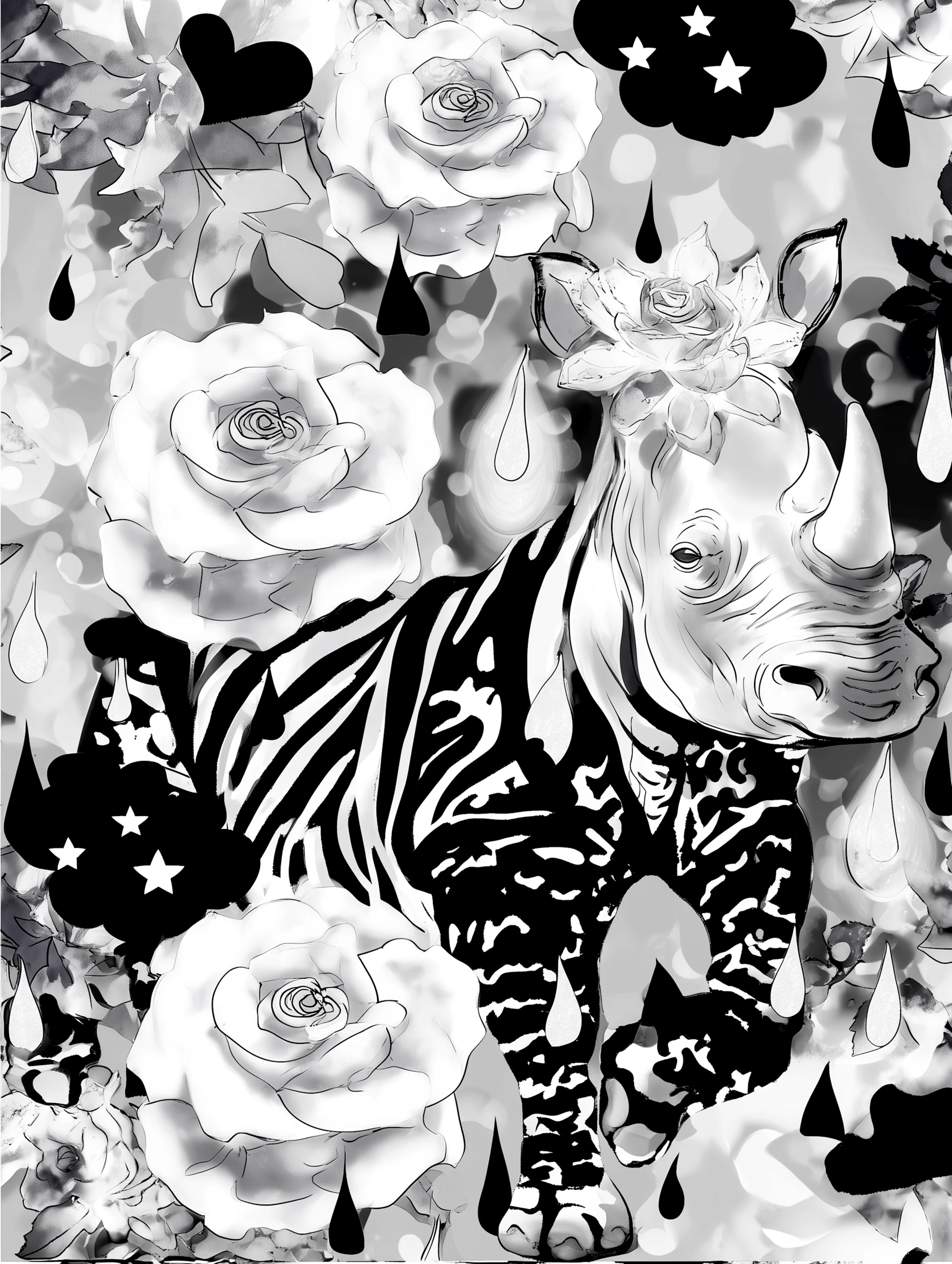 Free printable rhino coloring pages for adults featuring roses and rain rhino